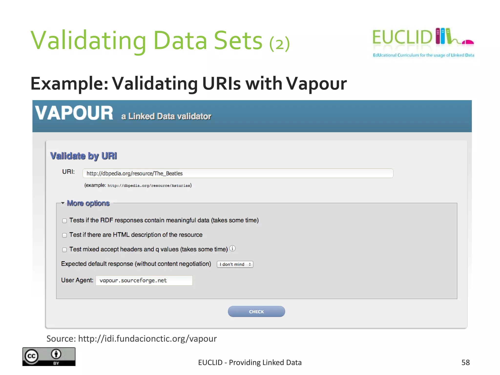 Validating Data Sets (2)
Example:Validating URIs withVapour
EUCLID - Providing Linked Data 58
Source: http://idi.fundacionctic.org/vapour
 