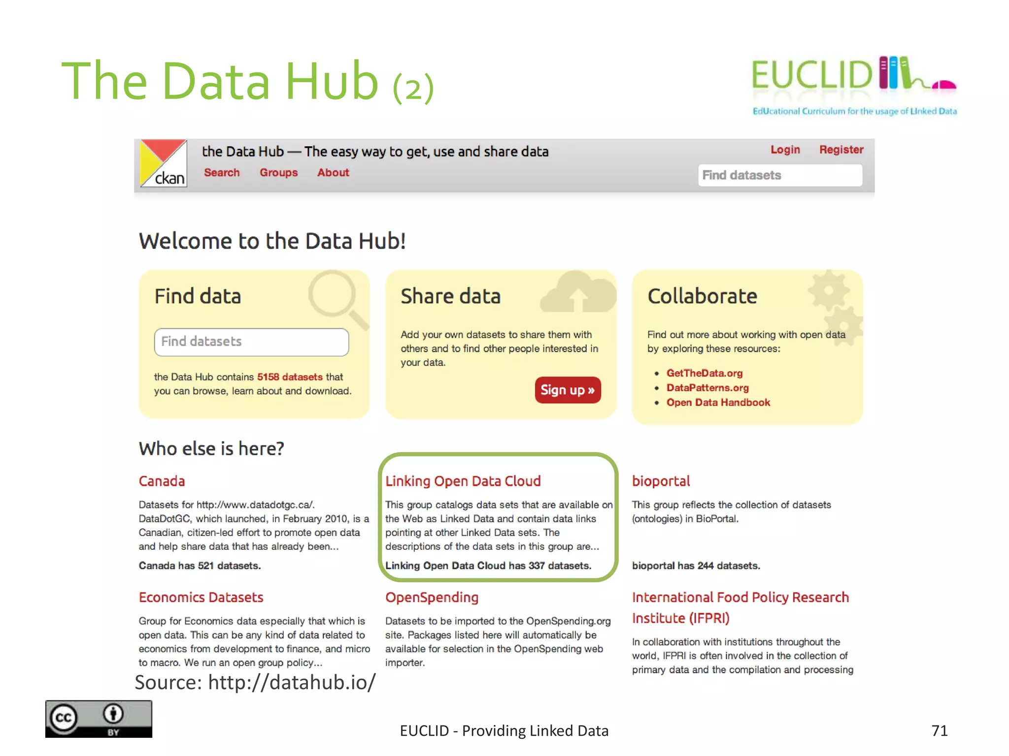 EUCLID - Providing Linked Data 71
Source: http://datahub.io/
The Data Hub (2)
 