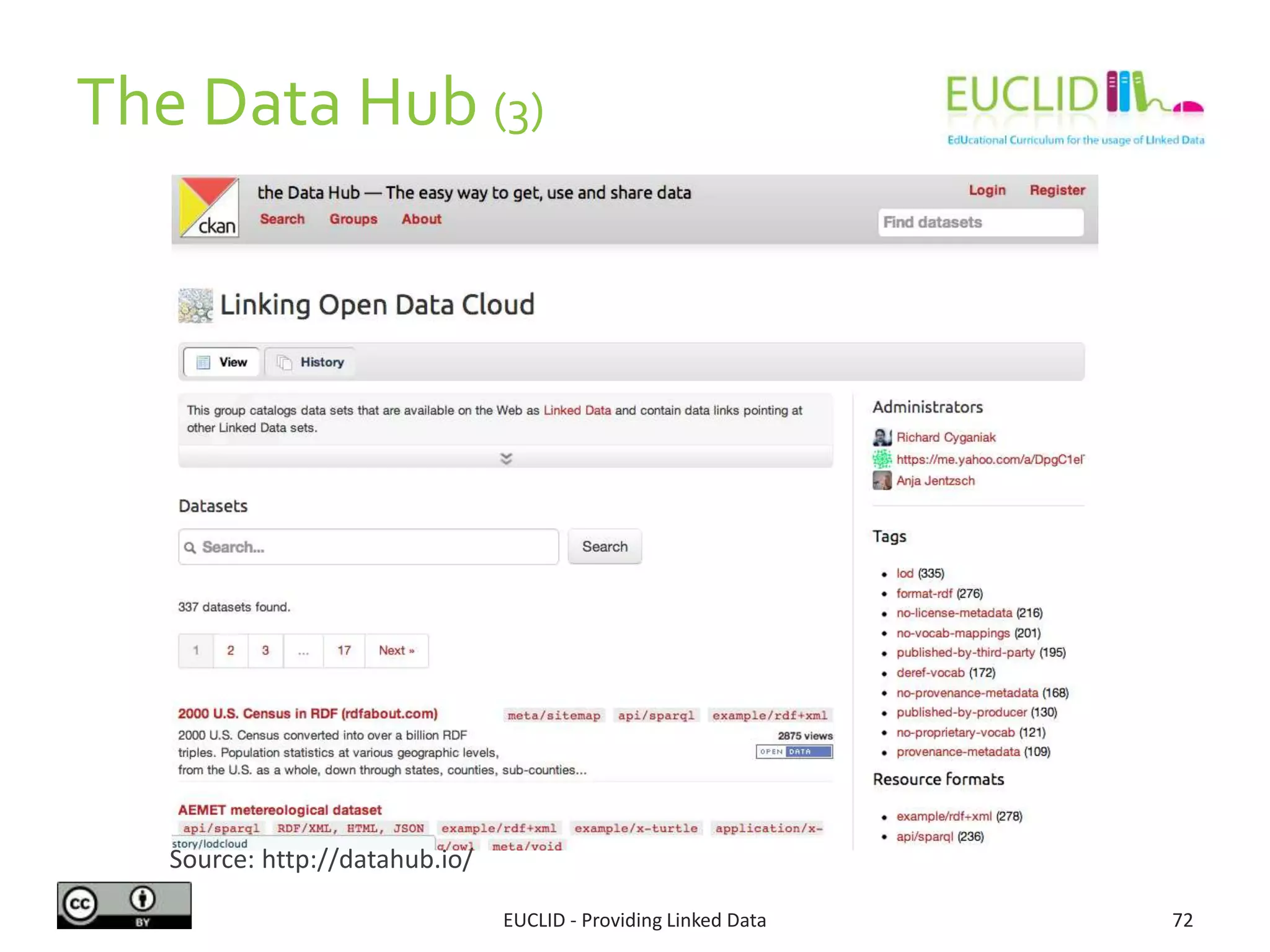 The Data Hub (3)
EUCLID - Providing Linked Data 72
Source: http://datahub.io/
 
