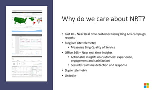 Why	do	we	care	about	NRT?
• Fast	BI	– Near	Real	time	customer-facing	Bing	Ads	campaign	
reports
• Bing	live	site	telemetry...