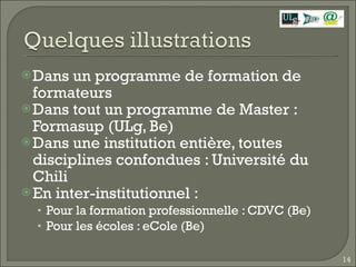 Dans un programme de formation de formateurs Dans tout un programme de Master : Formasup (ULg, Be) Dans une institution entière, toutes disciplines confondues : Université du Chili En inter-institutionnel :  Pour la formation professionnelle : CDVC (Be) Pour les écoles : eCole (Be) 