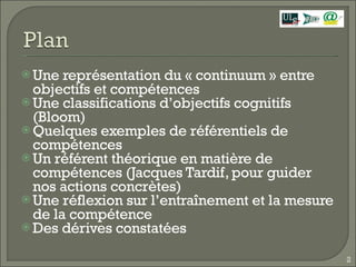 Une représentation du « continuum » entre objectifs et compétences Une classifications d’objectifs cognitifs (Bloom) Quelques exemples de référentiels de compétences Un référent théorique en matière de compétences (Jacques Tardif, pour guider nos actions concrètes) Une réflexion sur l’entraînement et la mesure de la compétence Des dérives constatées 