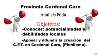 Provincia Cardenal Caro
Análisis Foda
Objetivos:
-Apoyar y difundir la creación del
C.F.T. en Cardenal Caro, (Pichilemu).
-Conocer: potencialidades y
debilidades locales
J.D.R
 