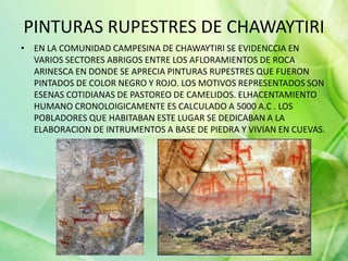 PINTURAS RUPESTRES DE CHAWAYTIRI
• EN LA COMUNIDAD CAMPESINA DE CHAWAYTIRI SE EVIDENCCIA EN
VARIOS SECTORES ABRIGOS ENTRE LOS AFLORAMIENTOS DE ROCA
ARINESCA EN DONDE SE APRECIA PINTURAS RUPESTRES QUE FUERON
PINTADOS DE COLOR NEGRO Y ROJO. LOS MOTIVOS REPRESENTADOS SON
ESENAS COTIDIANAS DE PASTOREO DE CAMELIDOS. ELHACENTAMIENTO
HUMANO CRONOLOIGICAMENTE ES CALCULADO A 5000 A.C . LOS
POBLADORES QUE HABITABAN ESTE LUGAR SE DEDICABAN A LA
ELABORACION DE INTRUMENTOS A BASE DE PIEDRA Y VIVIAN EN CUEVAS.
 