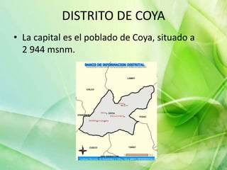 DISTRITO DE COYA
• La capital es el poblado de Coya, situado a
2 944 msnm.
 