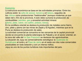 Economía:
La estructura económica se basa en las actividades primarias. Entre los
cultivos están: la caña de azúcar, banana y el tabaco, seguidos de
los cítricos como producciones "tradicionales" (aunque modernas ya que
datan del s XX) de la provincia. A esto debe sumarse la producción de
combustibles: petróleo, gas y ancestral actividad minera:
(plomo, plata, cobre, oro salitre, potasio, bórax).
En la cordillera oriental se destaca la producción de metales como hierro,
zinc, plata y plomo (en las minas de Zapla y El Aguilar), mientras que en la
Puna se destaca la producción de sales.
La actividad comercial se concentra en las cercanías de la capital provincial
donde se encuentra la planta siderúrgica de Palpalá y en el sector oriental, en
la zona del valle del río San Francisco se destacan las agroindustrias.
La situación de Jujuy es comercialmente estratégica: la Quebrada de
Humahuaca al norte y el Paso de Jama en el oeste son dos rutas comerciales
practicables en toda estación y con un intenso tráfico.
Jujuy es uno de los puntos turísticos más importantes del país.
 