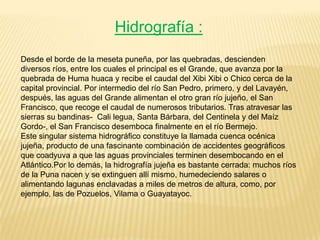 Hidrografía :
Desde el borde de la meseta puneña, por las quebradas, descienden
diversos ríos, entre los cuales el principal es el Grande, que avanza por la
quebrada de Huma huaca y recibe el caudal del Xibi Xibi o Chico cerca de la
capital provincial. Por intermedio del río San Pedro, primero, y del Lavayén,
después, las aguas del Grande alimentan el otro gran río jujeño, el San
Francisco, que recoge el caudal de numerosos tributarios. Tras atravesar las
sierras su bandinas- Cali legua, Santa Bárbara, del Centinela y del Maíz
Gordo-, el San Francisco desemboca finalmente en el río Bermejo.
Este singular sistema hidrográfico constituye la llamada cuenca océnica
jujeña, producto de una fascinante combinación de accidentes geográficos
que coadyuva a que las aguas provinciales terminen desembocando en el
Atlántico.Por lo demás, la hidrografía jujeña es bastante cerrada: muchos ríos
de la Puna nacen y se extinguen allí mismo, humedeciendo salares o
alimentando lagunas enclavadas a miles de metros de altura, como, por
ejemplo, las de Pozuelos, Vilama o Guayatayoc.
 