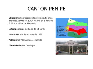 CANTON PENIPE 
Ubicación: al noroeste de la provincia, Se sitúa 
entre los 2.500 y los 5.424 msnm, en el nevado 
El Altar a 22 km de Riobamba. 
La temperatura: media es de 13-15 °C. 
Fundación: el 4 de octubre de 1563 
Población: 6739 habitantes ( 2010) 
Días de Feria: Los Domingos 
 