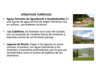 ATRACTIVOS TURÍSTICOS 
• Aguas Termales de Aguallanchi o Guayllabamba; Es 
una fuente de agua termal de origen volcánico rica 
en sulfuro, con poderes curativos. 
• Los Cubillines; Se levantan en el este del Cantón, 
son un conjunto de cumbres llenas de misterios y 
leyendas consta de un hermoso paisaje. 
• Lagunas de Rocón; Llegar a las lagunas es como 
conocer el paraíso, sus aguas hipnotizan a los 
visitantes y transmite profunda paz, por lo que son 
consideradas como el centro de poderes de los 
shamanes. 
 
