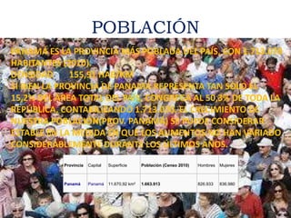 POBLACIÓN
PANAMÁ ES LA PROVINCIA MÁS POBLADA DEL PAÍS, CON 1.713.070
HABITANTES (2010).
DENSIDAD 155,91 HAB/KM
SI BIEN LA PROVINCIA DE PANAMÁ REPRESENTA TAN SOLO EL
15,2% DEL ÁREA TOTAL DEL PAÍS, CONGREGA AL 50,3% DE TODA LA
REPÚBLICA, CONTABILIZANDO 1.713.070. EL CRECIMIENTO DE
NUESTRA POBLACIÓN(PROV. PANAMÁ) SE PUEDE CONSIDERAR
ESTABLE EN LA MEDIDA EN QUE LOS AUMENTOS NO HAN VARIADO
CONSIDERABLEMENTE DURANTE LOS ÚLTIMOS AÑOS.
Provincia Capital Superficie Población (Censo 2010) Hombres Mujeres
Panamá Panamá 11.670,92 km² 1.663.913 826.933 836.980
 