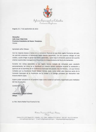 Carta de Monseñor Francisco Duque a Moseñor Julio César Vidal