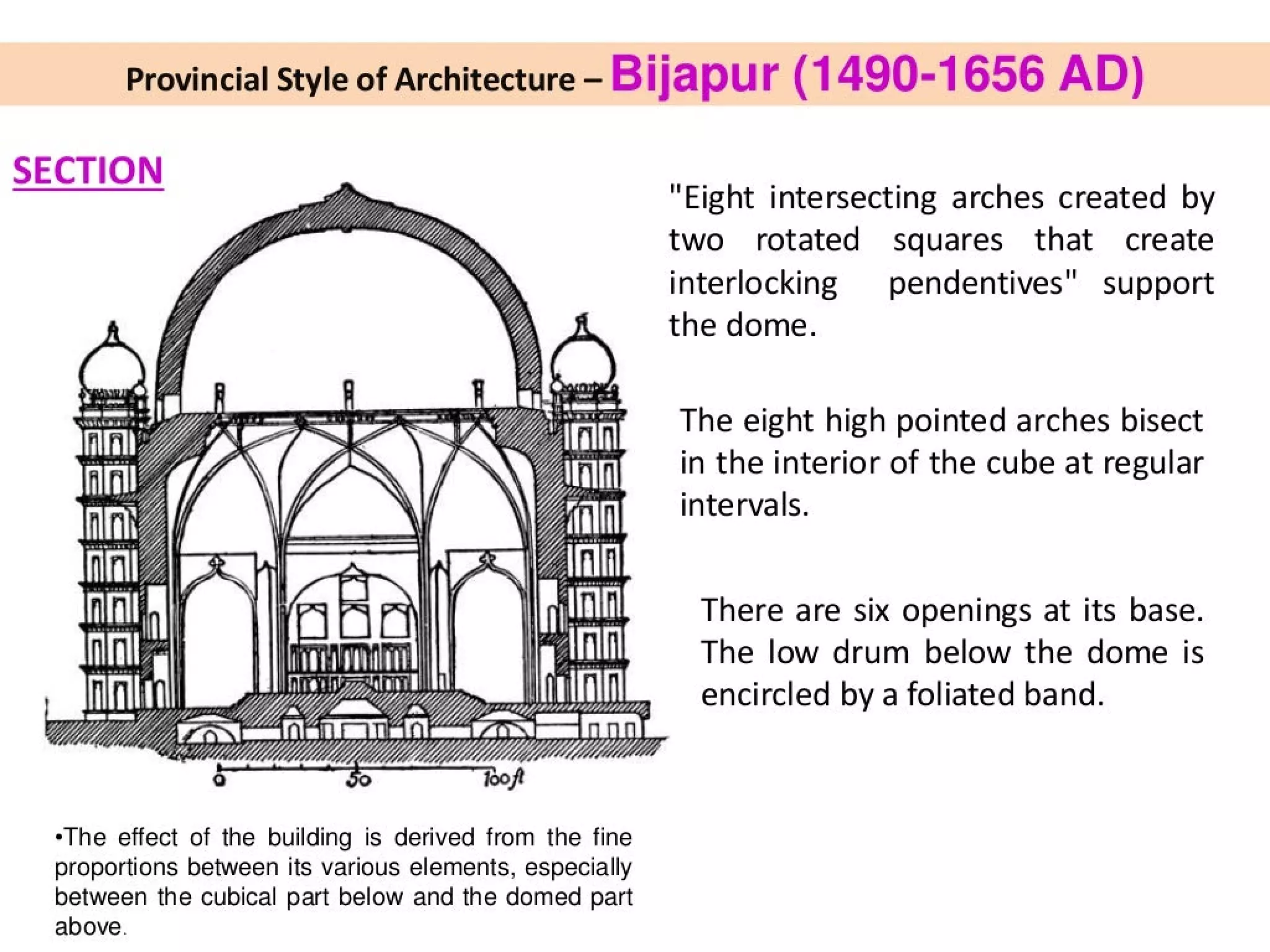 Provincial Style of Architecture - Bijapur (1490-1656 AD)
SECTION
"Eight intersecting arches created by
two rotated squares that create
interlocking | pendentives" support
the dome.
The eight high pointed arches bisect
in the interior of the cube at regular
intervals.
| imp aeet There are six openings at its base.
LTT | | ig The low drum below the dome is
a JSD
lMiijys 7
red ND encircled by a foliated band.
Yj TUT Ao noe
QHITTTE Yj 4 lj4f
oe “poft
‘The effect of the building is derived from the fine
proportions between its various elements, especially
between the cubical part below and the domed part
above.
 