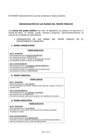 Página 10 de 15
ACTIVIDAD: Aprender el himno y enviar evidencia en video al docente.
ORGANIZACIÓN DE LAS RAMAS DEL PODER PÚBLICO
Las ramas del poder público son tres: la legislativa, la judicial y la ejecutiva. A
través de estas, el Estado puede orientar y organizar administrativamente la
vida de los ciudadanos colombianos.
 ORGANIZACIÓN DE LAS RAMAS DEL PODER PÚBLICO EN EL
DEPARTAMENTO Y MUNICIPIO.
1. RAMA LEGISLATIVA:
2. RAMA JUDICIAL:
3. RAMA EJECUTIVA:
PODER LEGISLATIVO
EN EL MUNICIPIO
Está representada por el CONCEJO MUNICIPAL.
Sus miembros se llaman CONCEJALES.
Los concejales discuten Y deciden el bienestar del municipio.
Sus decisiones reciben el nombre de ACUERDOS.
EN EL DEPARTAMENTO
Está representado por La ASAMBLEA DEPARTAMENTAL.
Sus miembros son los DIPUTADOS.
Los diputados deciden lo conveniente para el departamento.
Sus decisiones se llaman ORDENANZAS.
PODER JUDICIAL
EN EL MUNICIPIO
Está representado por LOS JUECES
Son los encargados de resolver conflictos entre personas. Juzgar a los que no
cumplen la ley.
EN EL DEPARTAMENTO
Está representado por EL TRIBUNAL SUPERIOR.
Sus miembros son los Magistrados.
Su función es analizar casos que no pudieron ser resueltos por los jueces.
PODER EJECUTIVO
EN EL MUNICIPIO
Está representada por EL ALCALDE
El alcalde tiene como función velar para que los acuerdos del consejo
municipal se cumplan.
EN EL DEPARTAMENTO
Está representado por EL GOBERNADOR
Su función es hacer cumplir las ordenanzas de la asamblea departamental y
velar por el bienestar, la paz y orden del departamento.
 
