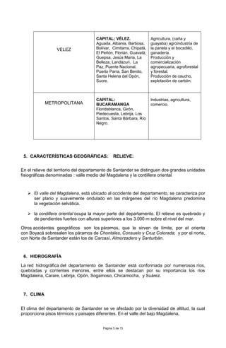 Página 5 de 15
VELEZ
CAPITAL; VÉLEZ.
Aguada, Albania, Barbosa,
Bolívar, Cimitarra, Chipatá,
El Peñón, Florián, Guavatá,
Guepsa, Jesús María, La
Belleza, Landázuri, La
Paz, Puente Nacional,
Puerto Parra, San Benito,
Santa Helena del Opón,
Sucre.
Agricultura, (caña y
guayaba) agroindustria de
la panela y el bocadillo,
ganadería.
Producción y
comercialización
agropecuaria, agroforestal
y forestal.
Producción de caucho,
explotación de carbón.
METROPOLITANA
CAPITAL:
BUCARAMANGA
Floridablanca, Girón,
Piedecuesta, Lebrija, Los
Santos, Santa Bárbara, Río
Negro.
Industrias, agricultura,
comercio.
5. CARACTERÍSTICAS GEOGRÁFICAS: RELIEVE:
En el relieve del territorio del departamento de Santander se distinguen dos grandes unidades
fisiográficas denominadas : valle medio del Magdalena y la cordillera oriental
 El valle del Magdalena, está ubicado al occidente del departamento, se caracteriza por
ser plano y suavemente ondulado en las márgenes del río Magdalena predomina
la vegetación selvática.
 la cordillera oriental ocupa la mayor parte del departamento. El relieve es quebrado y
de pendientes fuertes con alturas superiores a los 3.000 m sobre el nivel del mar.
Otros accidentes geográficos son los páramos, que le sirven de límite, por el oriente
con Boyacá sobresalen los páramos de Chontales, Consuelo y Cruz Colorada; y por el norte,
con Norte de Santander están los de Carcasí, Almorzadero y Santurbán.
6. HIDROGRAFÍA
La red hidrográfica del departamento de Santander está conformada por numerosos ríos,
quebradas y corrientes menores, entre ellos se destacan por su importancia los ríos
Magdalena, Carare, Lebrija, Opón, Sogamoso, Chicamocha, y Suárez.
7. CLIMA
El clima del departamento de Santander se ve afectado por la diversidad de altitud, la cual
proporciona pisos térmicos y paisajes diferentes. En el valle del bajo Magdalena,
 