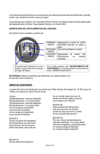 Página 9 de 15
Los colores que predominan en el escudo son los colores de la bandera de Santander: amarillo,
verde, rojo, dorado al marrón, azul y el negro.
Fue diseñado por el Señor Yair Leonardo Pinzón Encizo; se institucionalizo siendo gobernador
del departamento el Señor Hugo Aguilar Naranjo, en el año 2004.
SIGNIFICADO DE LOS ELEMENTOS DEL ESCUDO.
Se divide en tres cuarteles o partes así:
ACTIVIDAD: Elabora la bandera de Santander con papel silueta o Iris.
Enviar foto como evidencia.
HIMNO DE SANTANDER.
La letra del himno de Santander fue escrita por Pablo Rueda Arciniegas EL 19 DE mayo de
1.888 y la música por Jesús Pinzón Urrea.
[Coro]
¡Santandereanos, siempre adelante!
¡Santandereanos, ni un paso atrás!
¡Santandereanos, siempre adelante!
Santandereanos, ni un paso atrás!
con el coraje por estandarte
y por escudo la libertad,
con el coraje por estandarte
y por escudo la libertad.
[Estrofa I]
Somos nosotros los herederos
de las banderas que del honor
ayer clavaron los comuneros
sobre esta tierra, bajo este sol.
[Estrofa II]
Somos ahora los forjadores
de un mundo nuevo de paz y fe
donde se trenzan tiples y amores
y los arados con el laurel.
[Estrofa III]
Hijos audaces de altiva breña
a la que amamos con frenesí
somos la raza que lucha y sueña
en la conquista del porvenir.
[Estrofa IV]
Por eso, bravos santandereanos
¡Siempre adelante, ni un paso atrás!
Siempre arrogantes, porque llevamos
en nuestra sangre la libertad!
en nuestra sangre la libertad!
PRIMERA
PARTE.
Representa el perfil de JOSE
ANTONIO GALAN, en sable y
plata.
SEGUNDA
PARTE
Una torre petrolera en sable.
TERCERA
PARTE
Representa el cañón del
Chicamocha, en colores
naturales.
El escudo está rodeado por un aro
dorado Y bajo el escudo un manojo
de hojas de tabaco.
En la parte superior dice “DEPARTAMENTO DE
SANTANDER” y en la parte inferior se encuentra el
lema: “SIEMPRE ADELANTE”
 