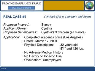 PROVING INSURANCE FRAUD
           REAL CASE STUDIES



   REAL CASE #4                 Cynthia’s Kids v. Company and Agent

   Proposed Insured:           Stacey
   Applicant/Owner:            Cynthia
   Proposed Beneficiaries:     Cynthia’s 3 children (all minors)
   Application: · Completed in agent’s office (Los Angeles)
                · Dated: March 17, 2004
                · Physical Description:     32 years old
                                            5’1” and 120 lbs.
                · No Adverse Medical History
                · No History of Tobacco Use
                · Occupation: Unemployed

Slide 16
 
