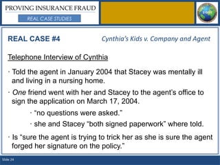PROVING INSURANCE FRAUD
           REAL CASE STUDIES



   REAL CASE #4                   Cynthia’s Kids v. Company and Agent

   Telephone Interview of Cynthia

   · Told the agent in January 2004 that Stacey was mentally ill
     and living in a nursing home.
   · One friend went with her and Stacey to the agent’s office to
     sign the application on March 17, 2004.
           · “no questions were asked.”
           · she and Stacey “both signed paperwork” where told.
   · Is “sure the agent is trying to trick her as she is sure the agent
     forged her signature on the policy.”
Slide 24
 