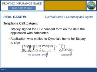 PROVING INSURANCE FRAUD
             REAL CASE STUDIES



   REAL CASE #4                          Cynthia’s Kids v. Company and Agent

   Telephone Call to Agent
           · Stacey signed the HIV consent form on the date the
             application was completed
           · Application was mailed to Cynthia’s home for Stacey
             to sign


                          HIV Consent Form          Application




Slide 37
 