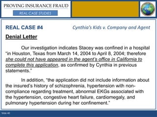 PROVING INSURANCE FRAUD
           REAL CASE STUDIES



   REAL CASE #4                     Cynthia’s Kids v. Company and Agent
   Denial Letter

          Our investigation indicates Stacey was confined in a hospital
   “in Houston, Texas from March 14, 2004 to April 8, 2004; therefore
   she could not have appeared in the agent’s office in California to
   complete this application, as confirmed by Cynthia in previous
   statements.”
           In addition, “the application did not include information about
   the insured’s history of schizophrenia, hypertension with non-
   compliance regarding treatment, abnormal EKGs associated with
   the hypertension, congestive heart failure, cardiomegaly, and
   pulmonary hypertension during her confinement.”
Slide 40
 