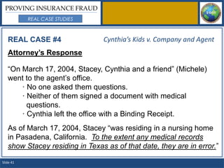PROVING INSURANCE FRAUD
           REAL CASE STUDIES



   REAL CASE #4                 Cynthia’s Kids v. Company and Agent
   Attorney’s Response

   “On March 17, 2004, Stacey, Cynthia and a friend” (Michele)
   went to the agent’s office.
       · No one asked them questions.
       · Neither of them signed a document with medical
         questions.
       · Cynthia left the office with a Binding Receipt.
   As of March 17, 2004, Stacey “was residing in a nursing home
   in Pasadena, California. To the extent any medical records
   show Stacey residing in Texas as of that date, they are in error.”

Slide 41
 