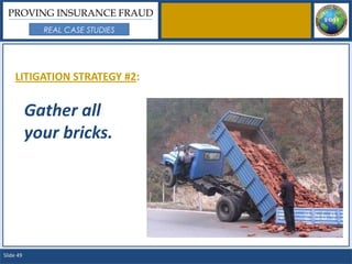 PROVING INSURANCE FRAUD
             REAL CASE STUDIES




     LITIGATION STRATEGY #2:


           Gather all
           your bricks.




Slide 49
 