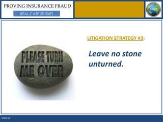 PROVING INSURANCE FRAUD
           REAL CASE STUDIES




                               LITIGATION STRATEGY #3:


                               Leave no stone
                               unturned.




Slide 62
 