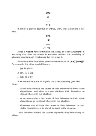 p       q

                                          p

                                       ___

                                      /∴ q

         If either is proven doubtful or untrue, then, their argument is not
valid.

                                      p       q

                                       ~p

                                       ___

                                    /∴ ~q

      Jones & Nisbett have committed the fallacy of “False Argument” in
assuming that their hypothesis is exclusive without the possibility of
alternate premises and conclusions. Let me prove it.

      Why didn’t they show other premise combinations of (A.S).(O.D)]?
For example, the other possibilities are:

         1. [(A.D).(O.S)]

         2. [(A. (D V S)]

         3. [(O. (D V S)]

      If we were to interpret in English, the other possibility goes like
these:

         1. Actors can attribute the causes of their behaviour to their stable
           dispositions, and observers can attribute their behaviour to
           stimuli inherent in the situation.

         2. Actors can attribute the causes of their behaviour to their stable
           dispositions, or to stimuli inherent in the situation.

         3. Observers can attribute the causes of their behaviour to their
           stable dispositions, or to stimuli inherent in the situation.

      I can therefore present my counter argument diagrammatically as
follows:
 