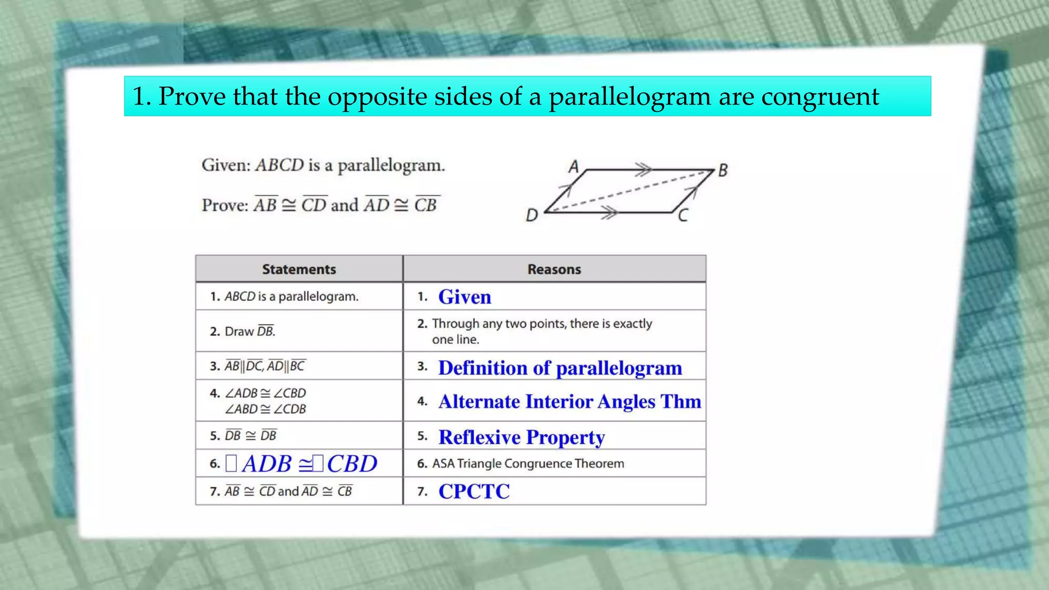 1. Prove that the opposite sides of a parallelogram are congruent