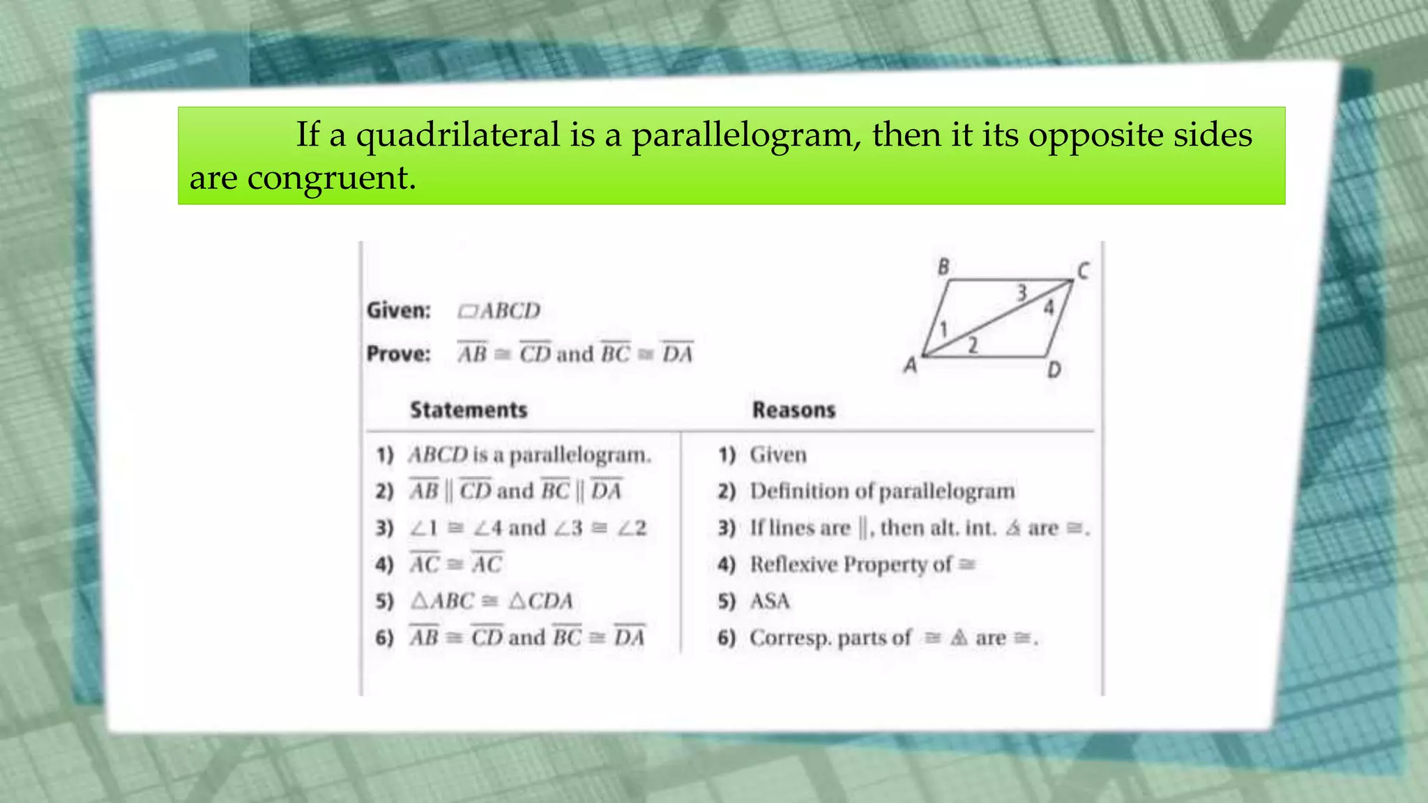If a quadrilateral is a parallelogram, then it its opposite sides
are congruent.