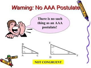 Warning:  No AAA Postulate A C B D E F There is no such thing as an AAA postulate!  NOT CONGRUENT 