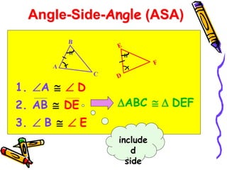 Angle-Side-Angle (ASA)
1. A   D
2. AB  DE
3.  B   E
ABC   DEF
include
d
side
 
