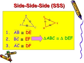 Side-Side-Side (SSS)Side-Side-Side (SSS)
1. AB ≅ DE
2. BC ≅ EF
3. AC ≅ DF
∆ABC ≅ ∆ DEF
B
A
C
E
D
F
 