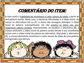 Comentário do item:
O item avalia a habilidade de reconhecer o valor sonoro da sílaba a partir de
uma palavra ouvida. Neste caso, o elemento dificultador é a sílaba inicial. Ao
marcar as alternativas (A) ou (C), o aluno não conseguiu distinguir a sílaba
inicial da palavra, provavelmente, ele não associa as letras aos seus
respectivos valores sonoros. Possivelmente, ao escolher a alternativa (B), a
criança confundiu a sílaba inicial da palavra ouvida devido à sua semelhança
sonora com a sílaba inicial da palavra da alternativa. Marcando a alternativa
(D), a criança demonstra reconhecer o valor sonoro da sílaba de uma palavra,
distinguindo-a das demais.
 
