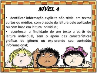 Nível 4
• identificar informação explícita não trivial em textos
curtos ou médios, com o apoio da leitura pelo aplicador
ou com base em leitura individual;
• reconhecer a finalidade de um texto a partir de
leitura individual, sem o apoio das características
gráficas do gênero ou explorando seu conteúdo
informacional;
 