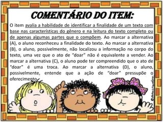 Comentário do item:
O item avalia a habilidade de identificar a finalidade de um texto com
base nas características do gênero e na leitura do texto completo ou
de apenas algumas partes que o compõem. Ao marcar a alternativa
(A), o aluno reconheceu a finalidade do texto. Ao marcar a alternativa
(B), o aluno, possivelmente, não localizou a informação no corpo do
texto, uma vez que o ato de “doar” não é equivalente a vender. Ao
marcar a alternativa (C), o aluno pode ter compreendido que o ato de
“doar” é uma troca. Ao marcar a alternativa (D), o aluno,
possivelmente, entende que a ação de “doar” pressupõe o
oferecimento.
 
