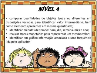 Nível 4
• comparar quantidades de objetos iguais ou diferentes em
disposições variadas para identificar valor intermediário, bem
como elementos presentes em mesma quantidade;
• identificar medidas de tempo: hora, dia, semana, mês e ano;
• realizar trocas monetárias para representar um mesmo valor;
• identificar em gráfico informação associada a uma frequência
lida pelo aplicador.
 
