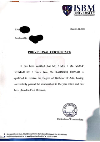 Isbm university provisional degree certificate
