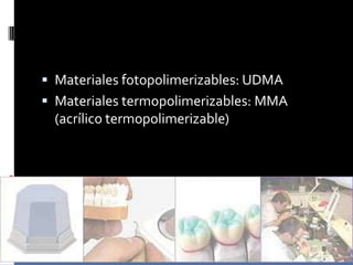  Materiales fotopolimerizables: UDMA
Materiales termopolimerizables: MMA
(acrílico termopolimerizable)