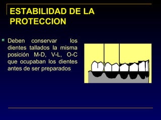 ESTABILIDAD DE LAESTABILIDAD DE LA
PROTECCIONPROTECCION
Deben conservar los
dientes tallados la misma
posición M-D, V-L, O-C
que ocupaban los dientes
antes de ser preparados
 