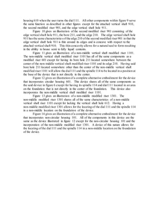 housing 610 when the user turns the dial 111. All other components within figure 9 serve
the same function as described in other figures except for the attached vertical shaft 910,
the second modified riser 901, and the edge vertical shaft hole 911.
Figure 10 gives an illustration of the second modified riser 901 consisting of the
edge vertical shaft hole 911, the bore 211, and the edge 210. The edge vertical shaft hole
911 has the same characteristics of the edge 210 of the second modified riser 901 in that the
edge vertical shaft hole 911 is thin around its edges and is concave with respect to the
attached vertical shaft 910. This thin concavity allows for a natural seal to form resulting
in the ability to house semi to fully liquid contents.
Figure 11 gives an illustration of a non-middle vertical shaft modified riser 1101.
The non-middle vertical shaft modified riser 1101 has all of the same components as a
modified riser 601 except for having its bore hole 211 located somewhere between the
center of the non-middle vertical shaft modified riser 1101 and its edge 210. Having said
bore hole 211 located somewhere other than the center of the non-middle vertical shaft
modified riser 1101 will allow the dial 111 and the spindle 114 to be located in a position at
the base of the device that is not directly in the center.
Figure 12 gives an illustration of a complete alternative embodiment for the device
that incorporates circular housing 601. This device shares all of the same components as
the said device in figure 6 except for having its spindle 114 and dial 111 located in an area
on the foundation that is not directly in the center of the foundation. This device also
incorporates the non-middle vertical shaft modified riser 1101.
Figure 13 gives an illustration of a non-middle modified riser 1301. The
non-middle modified riser 1301 shares all of the same characteristics of a non-middle
vertical shaft riser 1101 except for lacking the vertical shaft hole 612. Having a
non-middle modified riser 1301 allows for the locating of the dial 111 and the spindle 114
in a non-middle location on the foundation of the device.
Figure 14 gives an illustration of a complete alternative embodiment for the device
that incorporates non-circular housing 101. All of the components in this device are the
same as the device illustrated in figure 12 except for the non-circular housing 101 and the
incorporation of the non-middle modified riser 1301. A device of this nature allows for
the locating of the dial 111 and the spindle 114 in a non-middle location on the foundation
of the device.
 