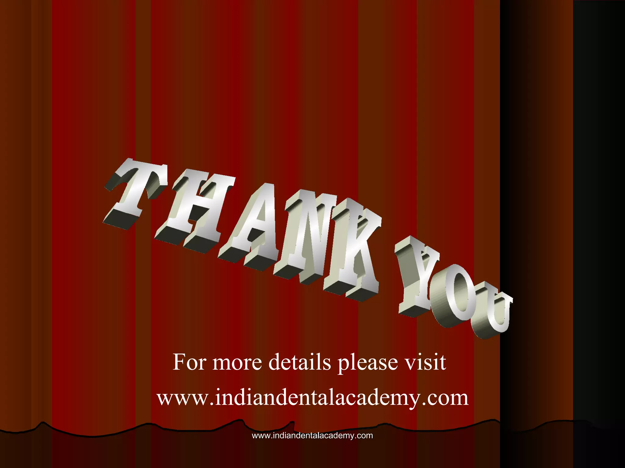 Types of provisional restorations:
Many different types of procedures are used to construct
provisional. Provisional construction can be
categorized into two main methods:
1. Custom temporaries - those that are made with a
matrix derived from the original tooth or a modified
diagnostic cast. Custom temporaries can be
constructed in three different manners:
2. Direct: these are constructed with a matrix lined with
provisional material that is placed directly on the
prepared tooth www.indiandentalacademy.comwww.indiandentalacademy.com
 