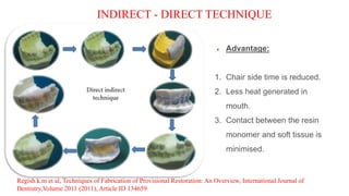INDIRECT - DIRECT TECHNIQUE
Regish.k.m et al, Techniques of Fabrication of Provisional Restoration: An Overview, International Journal of
Dentistry,Volume 2011 (2011), Article ID 134659
Advantage:
1. Chair side time is reduced.
2. Less heat generated in
mouth.
3. Contact between the resin
monomer and soft tissue is
minimised.
 