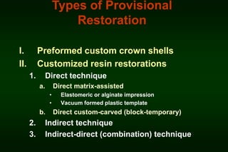Types of Provisional
Restoration
I.
II.

Preformed custom crown shells
Customized resin restorations
1.

Direct technique
a.

Direct matrix-assisted
•
•

b.

2.
3.

Elastomeric or alginate impression
Vacuum formed plastic template

Direct custom-carved (block-temporary)

Indirect technique
Indirect-direct (combination) technique

 