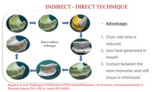INDIRECT - DIRECT TECHNIQUE
Regish.k.m et al, Techniques of Fabrication of Provisional Restoration: An Overview, International Journal of
Dentistry,Volume 2011 (2011), Article ID 134659
Advantage:
1. Chair side time is
reduced.
2. Less heat generated in
mouth.
3. Contact between the
resin monomer and soft
tissue is minimised.
 