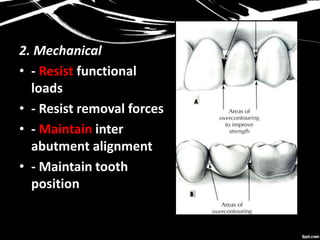 2. Mechanical
• - Resist functional
loads
• - Resist removal forces
• - Maintain inter
abutment alignment
• - Maintain tooth
position
 
