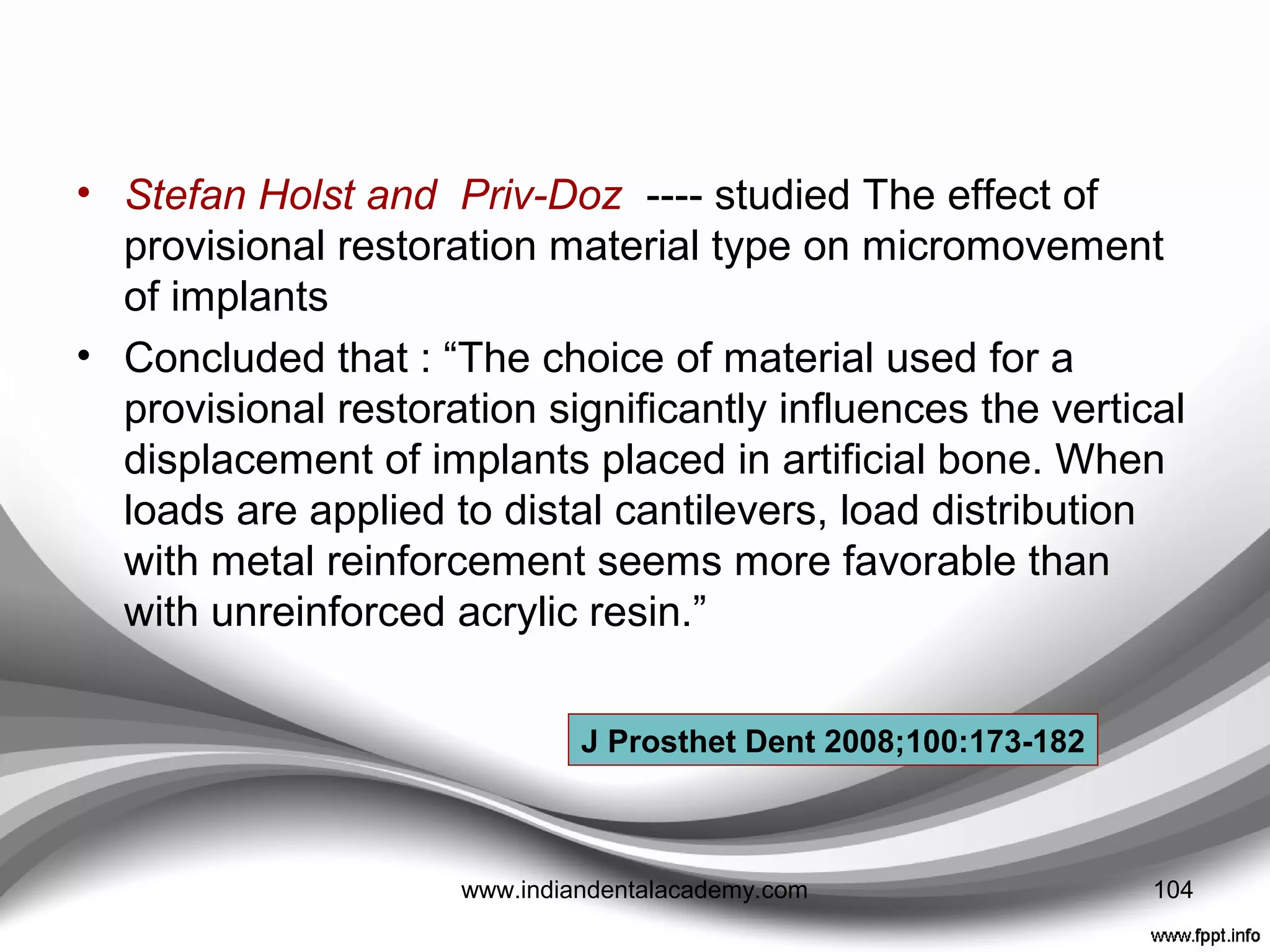 • Zinner et al presented RBFPD techniques
• Dumbrigue et al
• Described options for fabrication of provisional
restorations for an ITI solid abutment
 By using an ITI plastic (burn-out) coping,
 Fabrication of an acrylic resin coping on a brass ITI
practice solid abutment,
 With the ITI impression cap where the solid abutment act
as a core,
 Fabrication a provisional restoration with the ITI
cementable Protictiv Cap
104www.indiandentalacademy.com
 