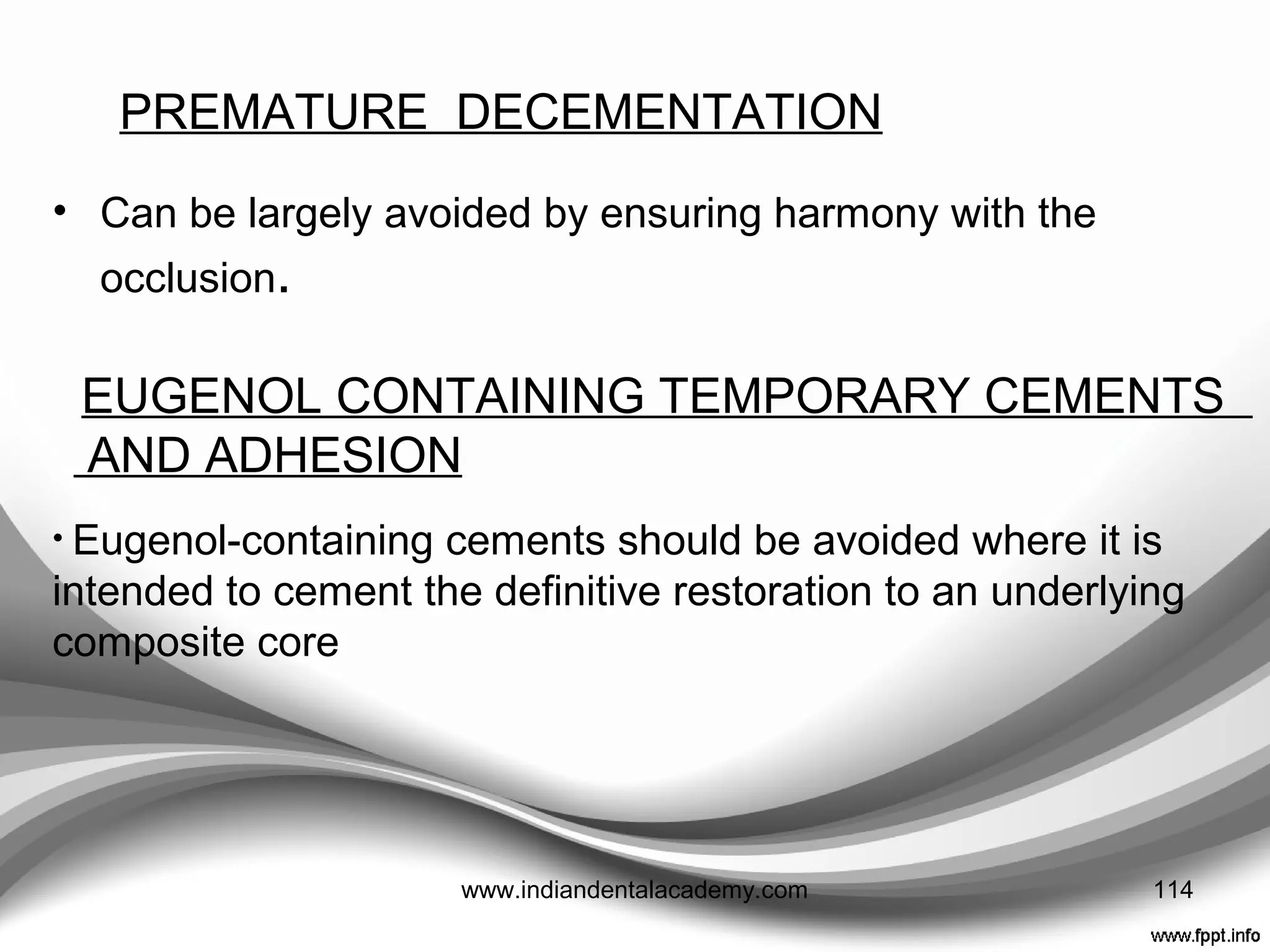 MULTIPLE CROWNS
• Invariably results in all the restorations being joined
together as material passes through the thin and often
torn interproximal area ----- Splinting teeth has the
advantage of preventing drift in case of poor
interproximal and occlusal contacts.
• Ideally, provisional crowns should be separate, but
separation can result in unwanted gaps between them.
------- One way of overcoming this is to place small
pieces of celluloid strip, roughly 1cm long, between the
teeth to be prepared. Holes punched in their buccal and
lingual portions.
114www.indiandentalacademy.com
 