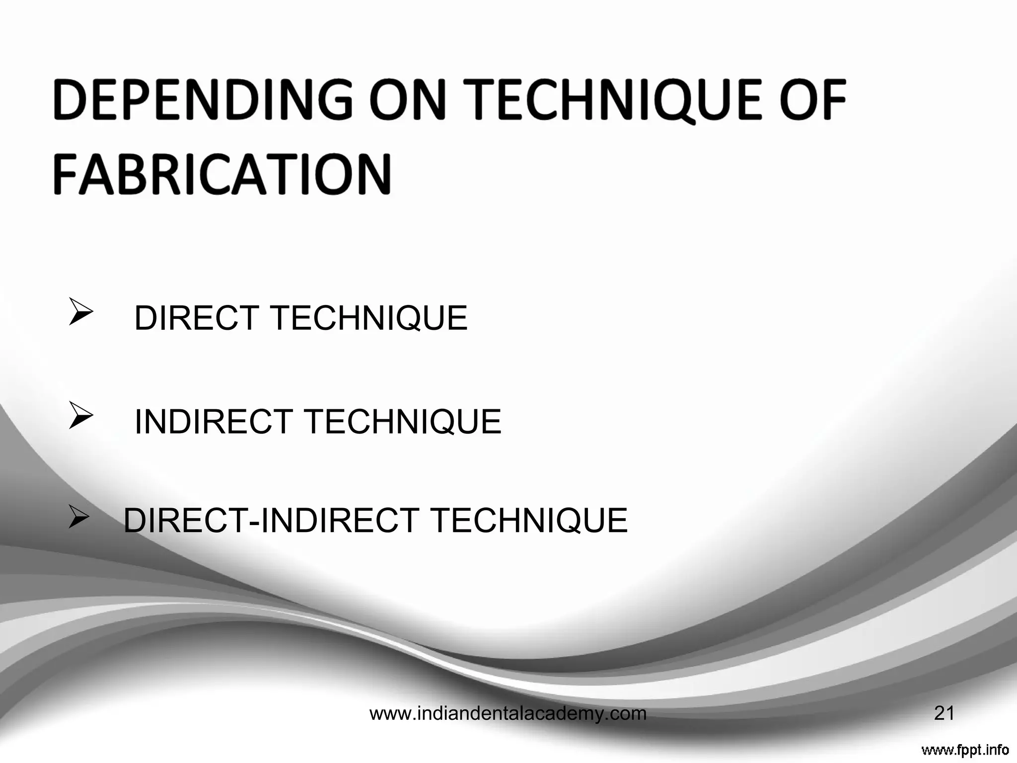 Indications
1.Long span posterior FPDs.
2.Patient undergoing implant therapy.
3.Extensive periodontal treatment.
4.Orthodontic stabilization.
5.Evaluation of change in VDO.
21www.indiandentalacademy.com
 