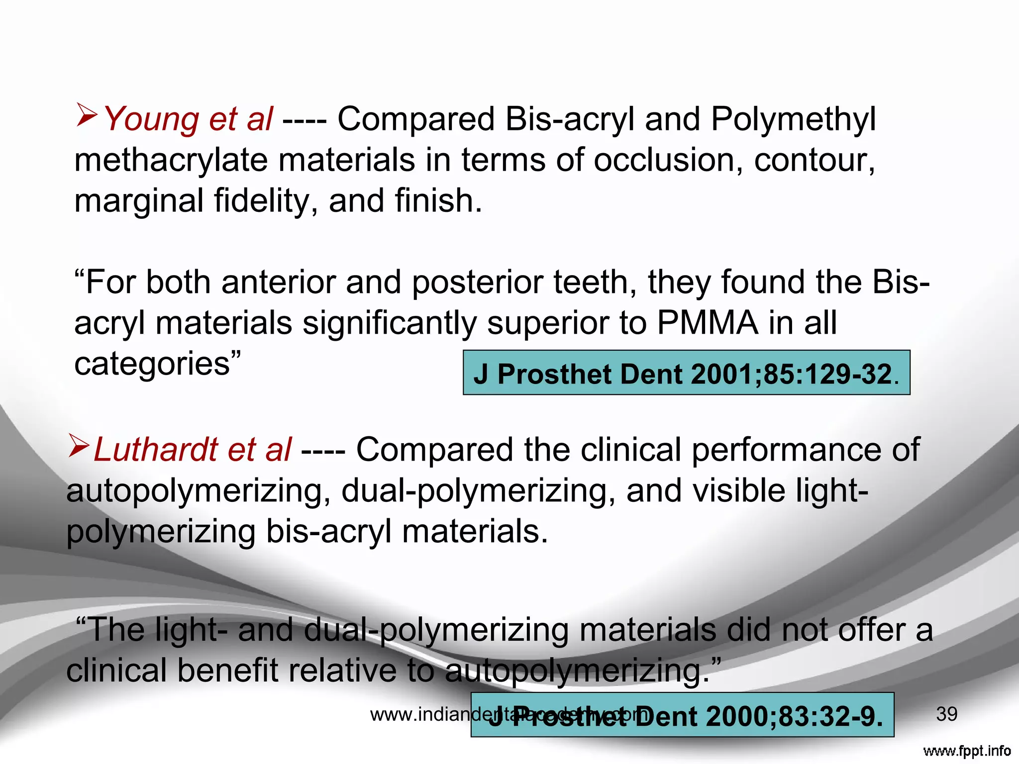 • Have good abrasion resistance especially when a glaze
is applied, (Glisten™; PermaSeal, BisCover™ LV,
Bisco, DuraFinish™, Parkell; G-COAT™ Plus, Lasting
Touch)
• Available both as
 Self cure (Bisjet, integrity, luxatemp , Temptation etc)
 Dual cure material (Isotemp, luxatemp solar),
• Repair material ---- (Luxaflow)
DISADVANTAGES
• Fewer shades
• Porous
• Stain easily
• Brittle
• Expensive
• Decreasing hardness
• Left with unpolymerized surface layer
39www.indiandentalacademy.com
 
