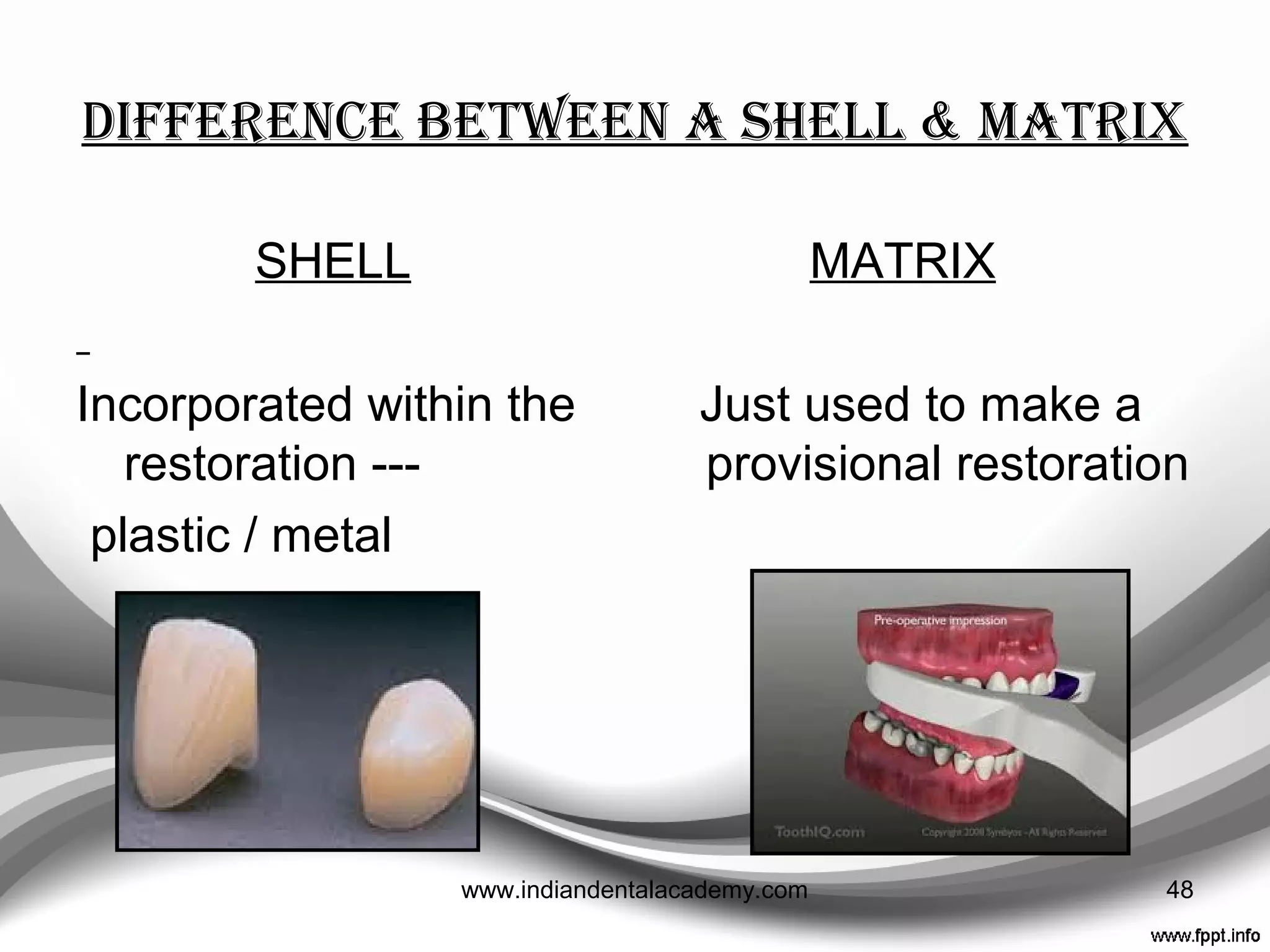 Provisional restorations — techniques
• As a rule of thumb,
“The time taken to temporise a tooth should be similar to
the time taken to prepare it.”
1. Shells (proprietary or custom)
2. Matrices (either formed directly in the mouth or indirectly
on a cast)
3. Direct syringing
48
British Dental Journal 2002; 192:619–630
www.indiandentalacademy.com
 